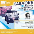 The "Top Tunes Karaoke Late 60s" CD cover features a cartoon car and advertises a 2-disc funpack with 38 songs.
