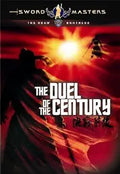 Movie poster advertises "The Duel of the Century," a Sword Masters martial arts film from The Shaw Brothers, featuring silhouetted figures against a red sky.
