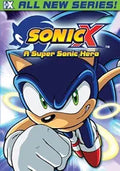 Sonic the Hedgehog rushes forward on the "Sonic X: A Super Sonic Hero" animated TV series cover.
