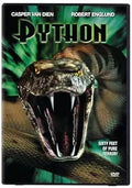 The "Python" movie DVD cover features a giant, menacing python with its mouth wide open, promising sixty feet of pure terror, starring Casper Van Dien and Robert Englund.
