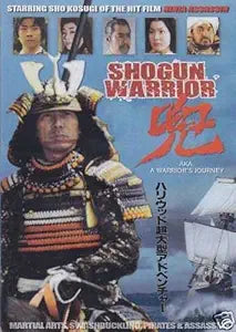 Movie poster advertises "Shogun Warrior," a martial arts adventure film starring Sho Kosugi, featuring a samurai warrior in full armor.
