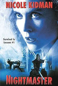 Nicole Kidman stars in the Nightmaster movie, with ninjas fighting below her determined face.
