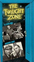 A blue door opens to reveal classic Twilight Zone episodes "To Serve Man" and "Judgment Night."
