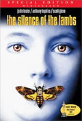 "The Silence of the Lambs movie poster features Jodie Foster's face with a death's-head moth covering her mouth."

