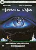 "The Lawnmower Man" movie DVD cover shows a man mowing a lawn before a giant eye with a robotic figure inside.
