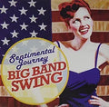 Vintage-styled singer smiles against an American flag backdrop on the "Sentimental Journey: Big Band Swing" album cover.

