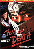Ninja warrior wielding a blade glares intensely on the vintage "Pray for Death" movie poster.
