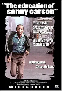"The Education of Sonny Carson" movie poster shows a Black man running intensely through a city street.
