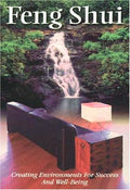 Feng Shui book cover features a serene waterfall backdrop, a couch, and a lamp, promoting success and well-being.
