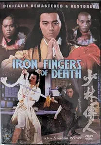Poster promotes the digitally remastered kung fu movie "Iron Fingers of Death," featuring actors in martial arts poses.

