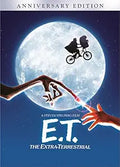 The E.T. movie cover shows E.T.'s finger touching Elliott's as they fly their bicycle past the moon.
