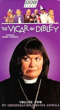 Dawn French stars as the Vicar of Dibley on a vintage VHS tape cover for "My Congregation & Other Animals."

