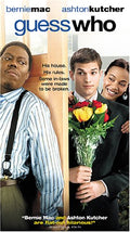 Bernie Mac glares while Ashton Kutcher smiles with Zoe Saldana on the movie poster for the comedy "Guess Who."
