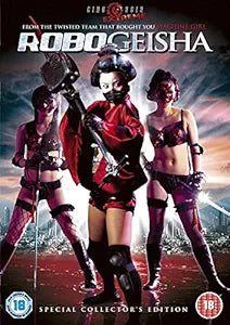 RoboGeisha movie poster features three women in geisha-inspired outfits wielding weapons against a futuristic cityscape.
