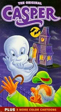 Casper the Friendly Ghost floats near a haunted house on the VHS cover, advertising classic cartoon entertainment.
