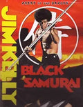 Jim Kelly poses with a staff on the cover of his martial arts film, Black Samurai.
