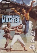 Three martial artists perform action fighting moves on the vintage Thundering Mantis kung fu movie poster.
