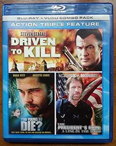 Blu-ray Action Triple Feature displays Steven Seagal in "Driven to Kill," Brad Pitt in "Too Young to Die?", and Chuck Norris in "President's Man: A Line in the Sand".
