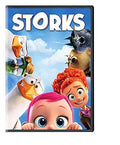 The "Storks" animated movie DVD cover features the main characters, including storks, a baby, and a young girl, against a blue sky backdrop.
