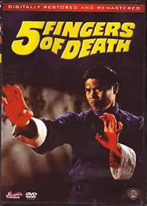 A martial artist raises his hands, now glowing red with power, on the DVD cover of the digitally remastered kung fu movie "5 Fingers of Death."
