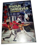 Promotional DVD cover displays Shaolin Daredevils, a digitally remastered martial arts film with shirtless fighters striking dynamic poses.
