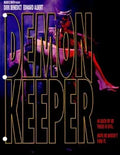 A vintage horror movie poster for "Demon Keeper" features a monstrous figure carrying a limp person against a dark, stylized title.
