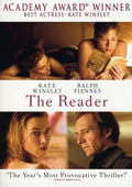 "The Reader" movie poster features Kate Winslet and Ralph Fiennes, showcasing scenes of intimacy and intellectual engagement.
