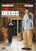 Adam Sandler, as Mr. Deeds, arrives at a mansion with his suitcase, while a butler stands in the background on the movie poster.
