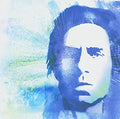 Artist renders a stylized portrait with blue and white abstract textures.
