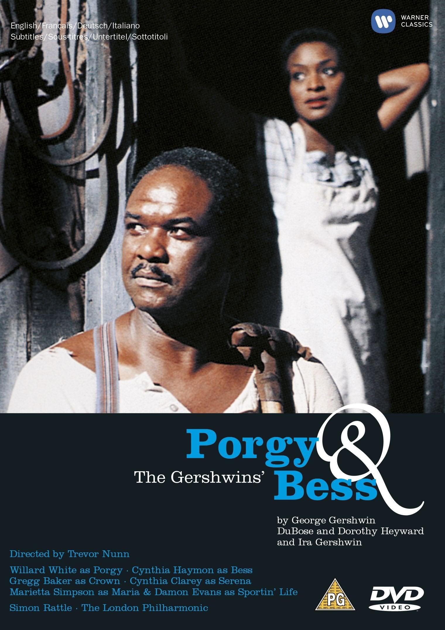 The "Porgy and Bess" DVD cover features Willard White as Porgy, a determined man with suspenders, and Cynthia Haymon as Bess, gazing intensely in the background.
