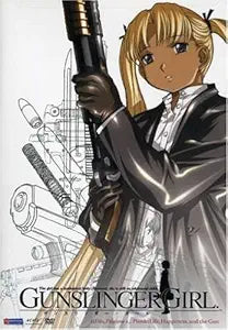 Anime girl in a suit holds a large gun, promoting the Gunslinger Girl series.
