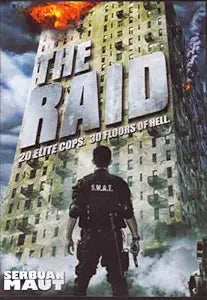 A SWAT officer faces a burning skyscraper amidst the action movie poster for "The Raid."
