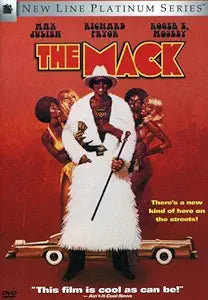 The movie poster for "The Mack" features Max Julien in a white fur coat and hat, holding a cane, surrounded by women, against a red background with a vintage car.
