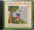 CD cover displays "Favorite Nursery Rhymes" artwork featuring a child playfully doing a handstand beneath a tree, promising fun and friendship.
