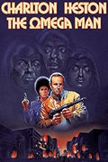 Charlton Heston stars in "The Omega Man" movie poster, holding a gun amidst a futuristic, post-apocalyptic cityscape and shadowy figures.
