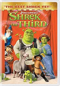 Shrek the Third DVD cover features Shrek, Fiona, Donkey, Puss in Boots, and other characters against a red curtain backdrop promoting the animated movie.
