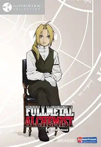 "Fullmetal Alchemist: Brotherhood DVD cover features Edward Elric sitting pensively against a transmutation circle backdrop."
