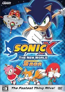 The Sonic X: The New World Saga DVD cover features Sonic the Hedgehog, along with Tails, Amy Rose, Knuckles, and Dr. Eggman's robot, against a blue, starry background.
