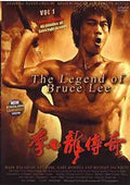 The Legend of Bruce Lee DVD cover features a muscular martial artist holding a weapon, showcasing the action film's intensity.
