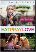 Julia Roberts stars in the Eat Pray Love movie DVD cover, showing her enjoying gelato in Italy and embracing Javier Bardem.
