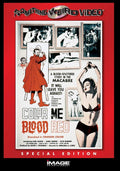 The "Color Me Blood Red" horror movie poster features lurid images and text promising a blood-spattered macabre experience.
