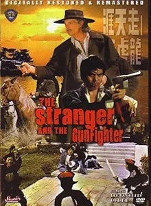 The Stranger and the Gunfighter movie poster shows a cowboy and martial artist holding guns, standing in front of a horse against a Western and Asian backdrop.
