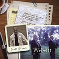 A collage of photos and handwritten notes sits on a wooden desk, featuring Scott Stilwell, the word "Witness," and reflective prose.
