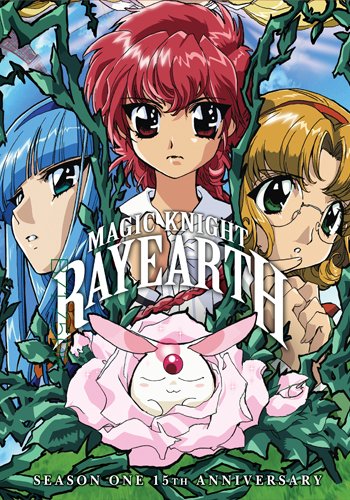 The Magic Knight Rayearth anime DVD cover features three heroines framed by roses, celebrating the show's 15th anniversary.

