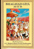 The cover of "Bhagavad-Gita As It Is" by A.C. Bhaktivedanta Swami Prabhupada features an illustration of Krishna in a chariot pulled by white horses.
