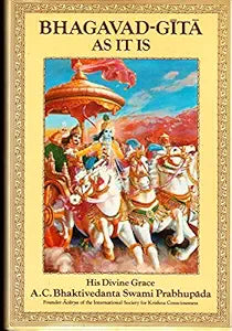 The cover of "Bhagavad-Gita As It Is" by A.C. Bhaktivedanta Swami Prabhupada features an illustration of Krishna in a chariot pulled by white horses.
