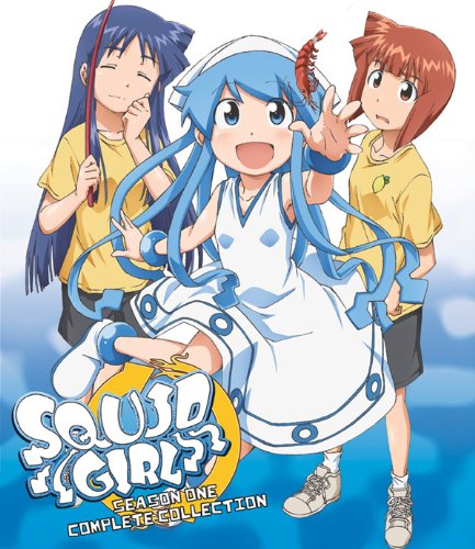 "Squid Girl" anime series cover art features a blue-haired girl holding a shrimp, standing with two other girls.
