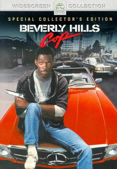 Eddie Murphy poses with a handgun on a red sports car in the "Beverly Hills Cop" movie poster.
