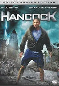Will Smith, as superhero Hancock, stands amidst a destroyed city on the movie's DVD cover.
