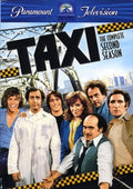 The cast of the classic TV show "Taxi" poses for the DVD cover of "The Complete Second Season" against a New York City backdrop.
